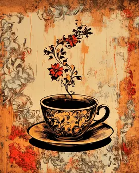 Folksy Floral Cup - Coffee Wall Art Prints - 8"x10" Art Print for 11"x14" Frame
