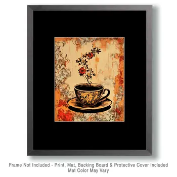 Folksy Floral Cup - Coffee Wall Art Prints - 8"x10" Art Print for 11"x14" Frame
