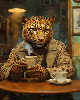 Jaguar Having a Cup of Joe - Coffee Wall Art Prints - 8"x10" Art Print for 11"x14" Frame