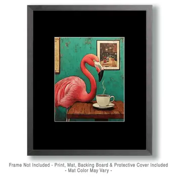 Flamingo Having a Cup of Joe - Coffee Wall Art Prints - 8"x10" Art Print for 11"x14" Frame