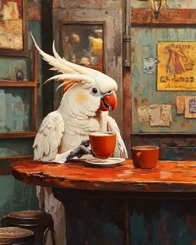 Cockatoo Having a Cup of Joe - Coffee Wall Art Prints - 8"x10" Art Print for 11"x14" Frame