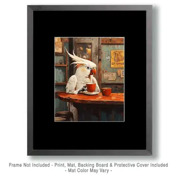 Cockatoo Having a Cup of Joe - Coffee Wall Art Prints - 8"x10" Art Print for 11"x14" Frame