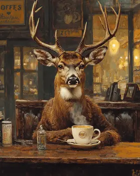 Buck Deer Having a Cup of Joe - Coffee Wall Art Prints - 8"x10" Art Print for 11"x14" Frame