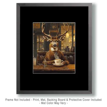 Buck Deer Having a Cup of Joe - Coffee Wall Art Prints - 8"x10" Art Print for 11"x14" Frame
