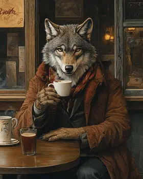 Wolf Having a Cup of Joe - Coffee Wall Art Prints - 8"x10" Art Print for 11"x14" Frame