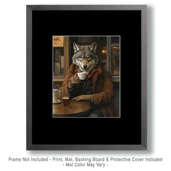 Wolf Having a Cup of Joe - Coffee Wall Art Prints - 8"x10" Art Print for 11"x14" Frame