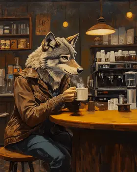 Wolf Enjoying a Cup of Joe - Coffee Wall Art Prints - 8"x10" Art Print for 11"x14" Frame