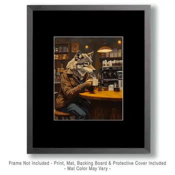 Wolf Enjoying a Cup of Joe - Coffee Wall Art Prints - 8"x10" Art Print for 11"x14" Frame