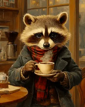 Raccoon Enjoying a Cup of Joe - Coffee Wall Art Prints - 8"x10" Art Print for 11"x14" Frame