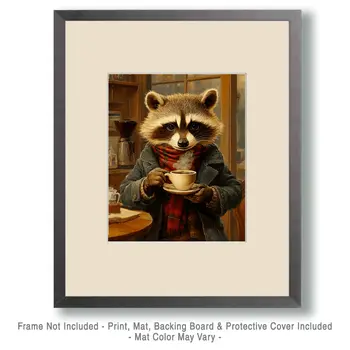 Raccoon Enjoying a Cup of Joe - Coffee Wall Art Prints - 8"x10" Art Print for 11"x14" Frame