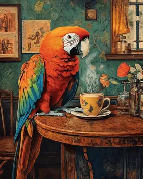 Parrot Enjoying a Cup of Joe - Coffee Wall Art Prints - 8"x10" Art Print for 11"x14" Frame