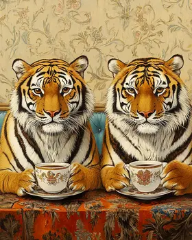 Two Tigers at a Coffee Shop - Coffee Wall Art Prints - 8"x10" Art Print for 11"x14" Frame