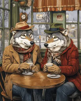 Two Wolves at a Coffee Shop - Coffee Wall Art Prints - 8"x10" Art Print for 11"x14" Frame