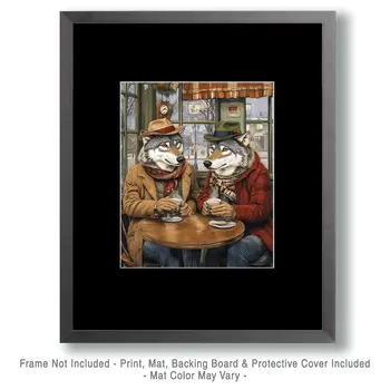 Two Wolves at a Coffee Shop - Coffee Wall Art Prints - 8"x10" Art Print for 11"x14" Frame