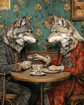 Two Wolves Enjoying a Cup of Joe - Coffee Wall Art Prints - 8"x10" Art Print for 11"x14" Frame