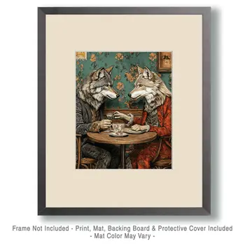 Two Wolves Enjoying a Cup of Joe - Coffee Wall Art Prints - 8"x10" Art Print for 11"x14" Frame