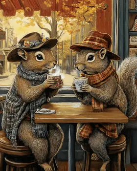 Two Squirrels Enjoying a Cup of Joe - Coffee Wall Art Prints - 8"x10" Art Print for 11"x14" Frame