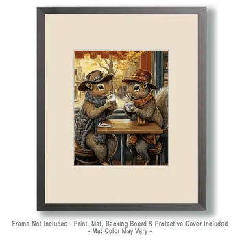 Two Squirrels Enjoying a Cup of Joe - Coffee Wall Art Prints - 8"x10" Art Print for 11"x14" Frame