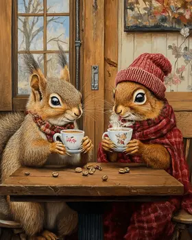 Two Squirrels at a Coffee Shop - Coffee Wall Art Prints - 8"x10" Art Print for 11"x14" Frame