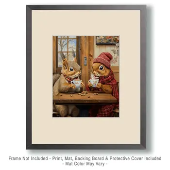 Two Squirrels at a Coffee Shop - Coffee Wall Art Prints - 8"x10" Art Print for 11"x14" Frame