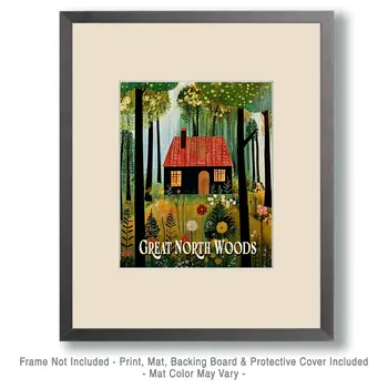 Folk Art Style Cabin ND - North Woods Souvenir Wall Art Prints – 8″x10″ Artwork for 11″x14″ Frame