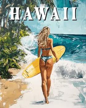 Woman Surfer - Hawaii Souvenir Wall Art Prints – 8″x10″ Artwork for 11″x14″ Frame