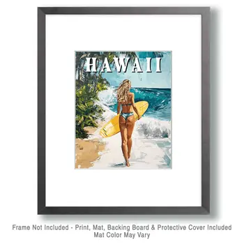 Woman Surfer - Hawaii Souvenir Wall Art Prints – 8″x10″ Artwork for 11″x14″ Frame