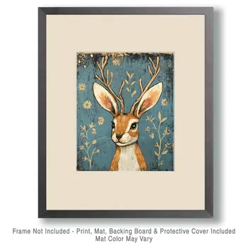 Folk Art Jackalope - Mythical Beasts Wall Art Prints – 8″x10″ Artwork for 11″x14″ Frame