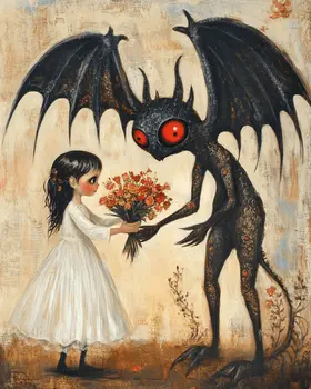 Folk Art Flowers for the Jersey Devil - Mythical Beasts Wall Art Prints – 8″x10″ Artwork for 11″x14″ Frame