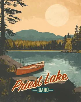 Priest Lake Canoe - Idaho Souvenir Wall Art Prints – 8″x10″ Artwork for 11″x14″ Frame
