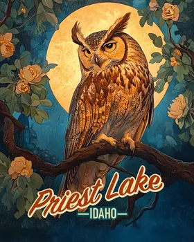 Priest Lake Midnight Owl - Idaho Souvenir Wall Art Prints – 8″x10″ Artwork for 11″x14″ Frame