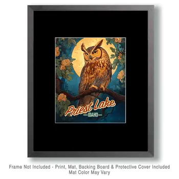 Priest Lake Midnight Owl - Idaho Souvenir Wall Art Prints – 8″x10″ Artwork for 11″x14″ Frame