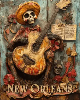 Skeleton Guitarist - New Orleans Souvenir Wall Art Prints – 8″x10″ Artwork for 11″x14″ Frame