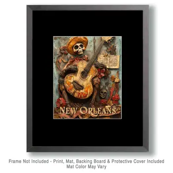 Skeleton Guitarist - New Orleans Souvenir Wall Art Prints – 8″x10″ Artwork for 11″x14″ Frame