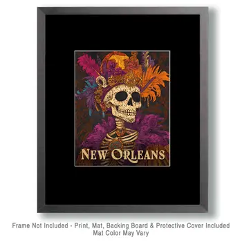 Mardi Gras Skull - New Orleans Souvenir Wall Art Prints – 8″x10″ Artwork for 11″x14″ Frame