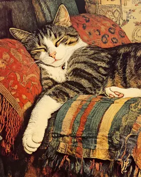 Comfortable Cat - Vintage Art Prints - 8"x10" Art Print for 11"x14" Frame