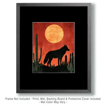 Desert Full Moon Wolf - Southwestern Home Decor Wall Art Prints – 8″x10″ Artwork for 11″x14″ Frame