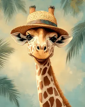 Giraffe in Hat - Anthropomorphic Animal Art Prints – 8″x10″ Artwork for 11″x14″ Frame