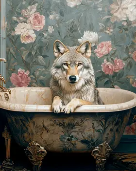 Wolf in Bathtub - Anthropomorphic Animal Art Prints – 8″x10″ Artwork for 11″x14″ Frame