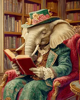 Elephant Reading - Anthropomorphic Animal Art Prints – 8″x10″ Artwork for 11″x14″ Frame