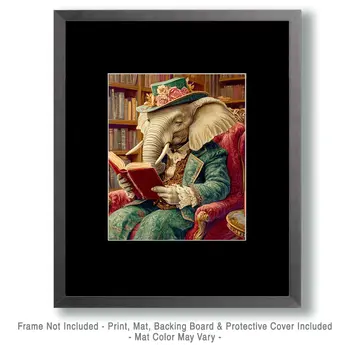 Elephant Reading - Anthropomorphic Animal Art Prints – 8″x10″ Artwork for 11″x14″ Frame
