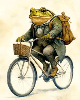 Frog on Bicycle - Anthropomorphic Animal Art Prints – 8″x10″ Artwork for 11″x14″ Frame