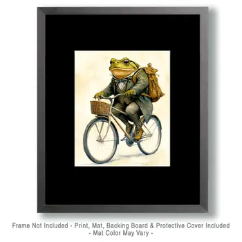 Frog on Bicycle - Anthropomorphic Animal Art Prints – 8″x10″ Artwork for 11″x14″ Frame