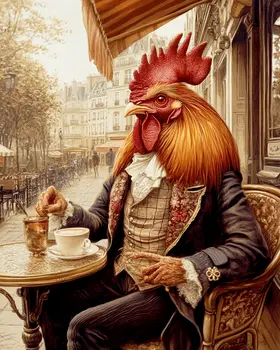 Rooster at Cafe - Anthropomorphic Animal Art Prints – 8″x10″ Artwork for 11″x14″ Frame