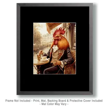 Rooster at Cafe - Anthropomorphic Animal Art Prints – 8″x10″ Artwork for 11″x14″ Frame