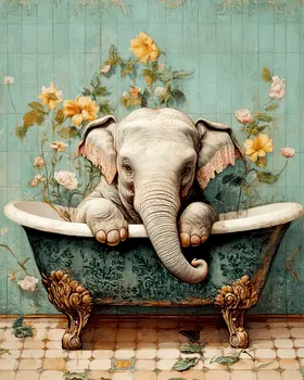 Elephant in Bathtub - Anthropomorphic Animal Art Prints – 8″x10″ Artwork for 11″x14″ Frame
