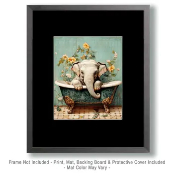 Elephant in Bathtub - Anthropomorphic Animal Art Prints – 8″x10″ Artwork for 11″x14″ Frame