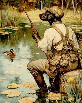 Black Lab on the Hunt - Anthropomorphic Animal Art Prints – 8″x10″ Artwork for 11″x14″ Frame