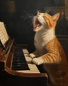 Cat on Piano - Anthropomorphic Animal Art Prints – 8″x10″ Artwork for 11″x14″ Frame