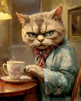 Grumpy Cat Having Tea - Anthropomorphic Animal Art Prints – 8″x10″ Artwork for 11″x14″ Frame
